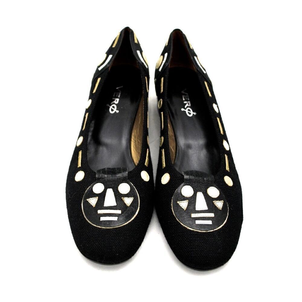Vero Ve Black Linen Low Heel Pumps Gold & Silver Leather 11 M Aboriginal Face